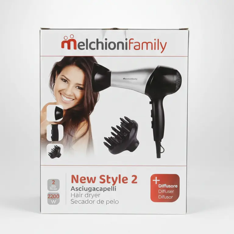 Melchioni Family New Style 2 Asciugacapelli Professionale | 2200W | 3 Temperature e 2 Velocità | Diffusore e Concentratore Inclusi | Protezione Termica Safe