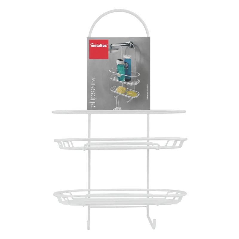 Metaltex Ellipse Line Supporto Doccia XL 2 Piani | Portaoggetti Bagno Largo con Gancio Appendibile | Rivestimento Antiruggine LDPE | Bianco | 27x13x45 cm