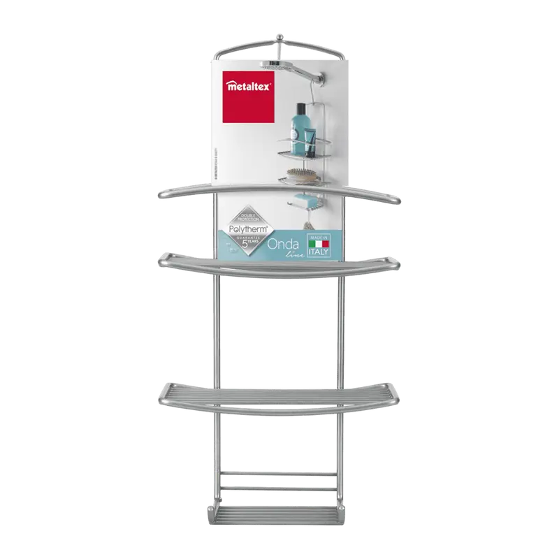 Metaltex Onda Line Supporto Doccia 3 Piani | Portaoggetti Bagno Appendibile con Gancio Girevole ed Estraibile | Rivestimento Polytherm® Metallic Antiruggine | Made in Italy | 18x11x39/48 cm