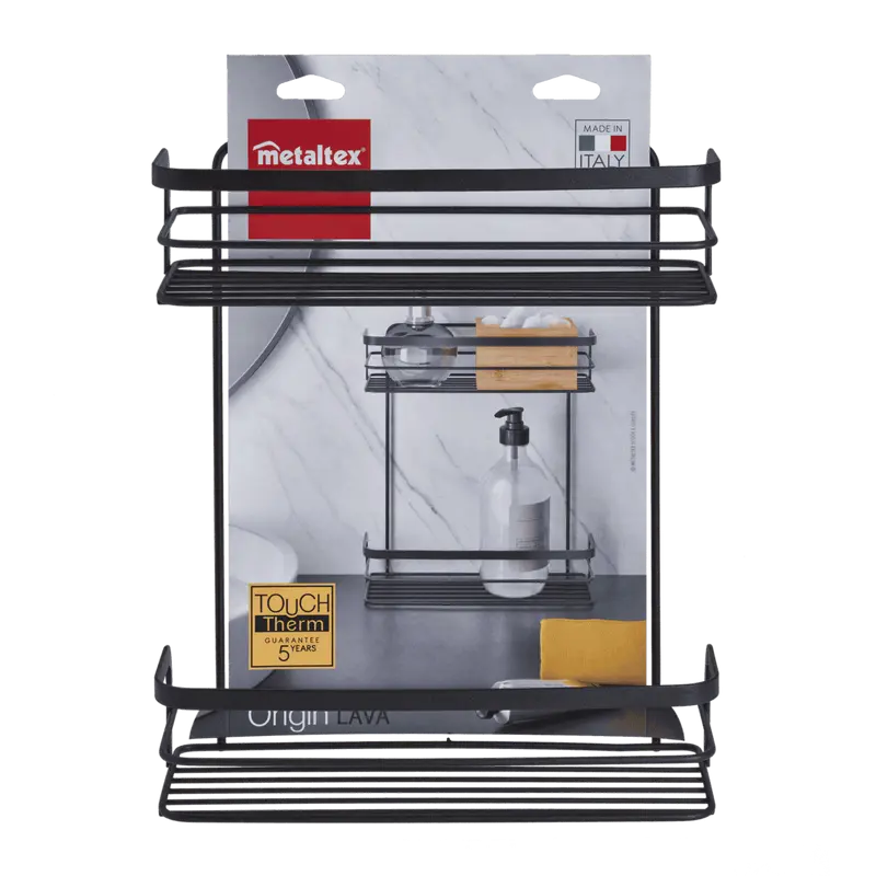 Metaltex Origin LAVA Cestello Rettangolare 2 Piani | Portaoggetti Bagno e Cucina | Rivestimento Touch-Therm Antiruggine | Sistema SafeFix Senza Fori | Made in Italy | 26x10x30 cm