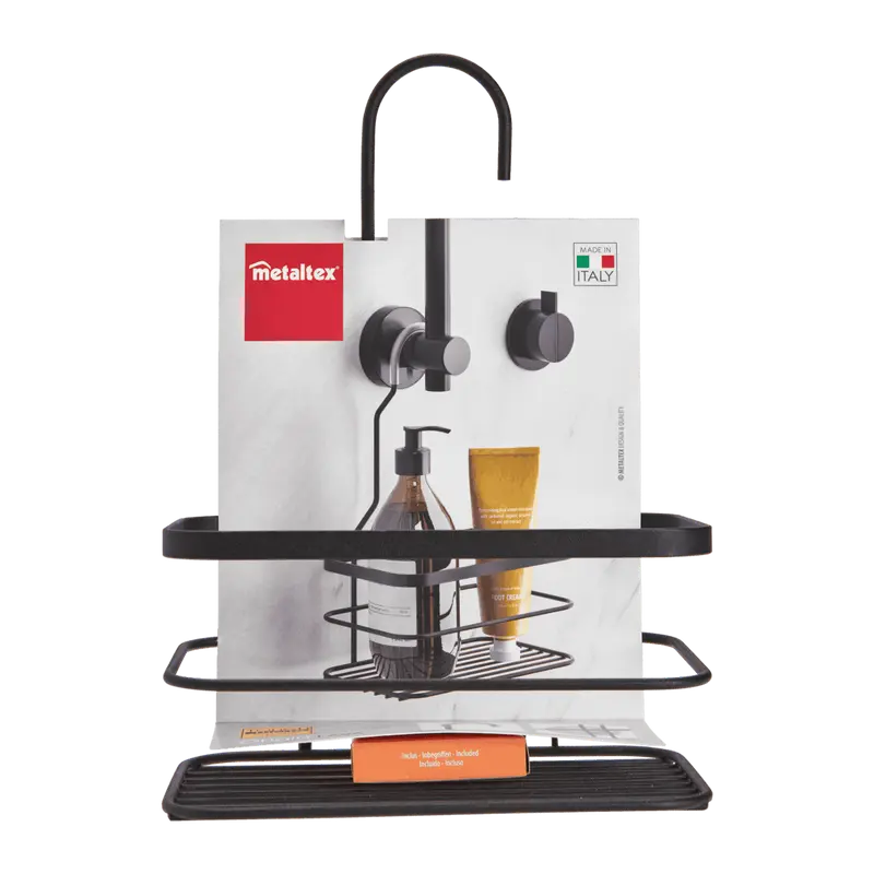 Metaltex Origin LAVA Supporto Doccia 1 Ripiano | Cestello Portaoggetti Nero Opaco | Rivestimento Touch-Therm Antiruggine | Sistema Appendibile Senza Fori con Ventosa | Made in Italy | 20x12x29 cm
