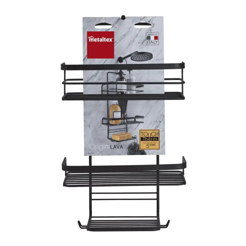 Metaltex Origin LAVA Supporto Doccia 3 Ripiani | Portaoggetti Bagno Nero Opaco | Rivestimento Touch-Therm Antiruggine | Gancio Girevole ed Estraibile | Made in Italy | 23x12x38/47 cm