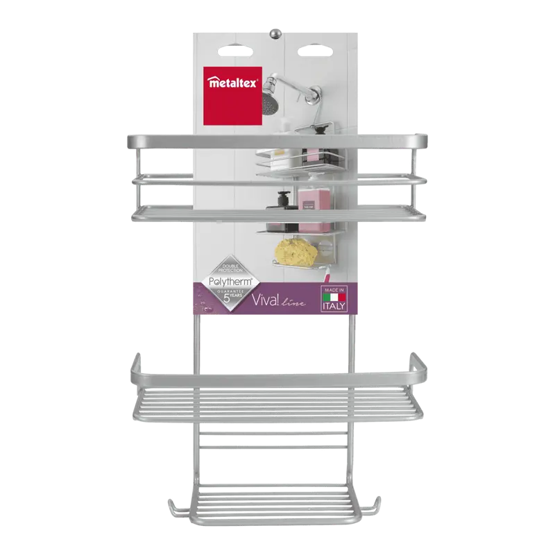Metaltex Viva! Line Supporto Doccia Appendibile | Portaoggetti 2 Piani con Gancio Girevole ed Estraibile | Rivestimento Polytherm® Metallic Antiruggine | Made in Italy | 23x12x38/47 cm