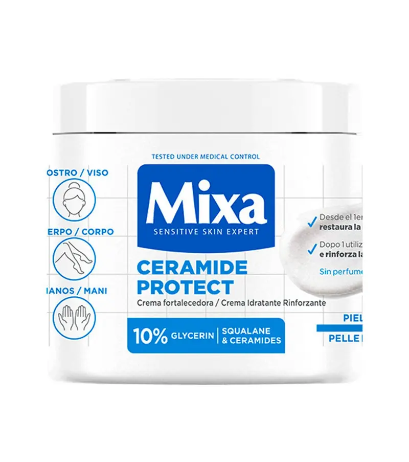 Mixa Ceramide Protect Crema Idratante Rinforzante 400ml – 10% Glicerina, Squalano e Ceramidi – Soluzione Barriera Biomimetica e Riparazione Xerosi Severa per Viso, Corpo e Mani