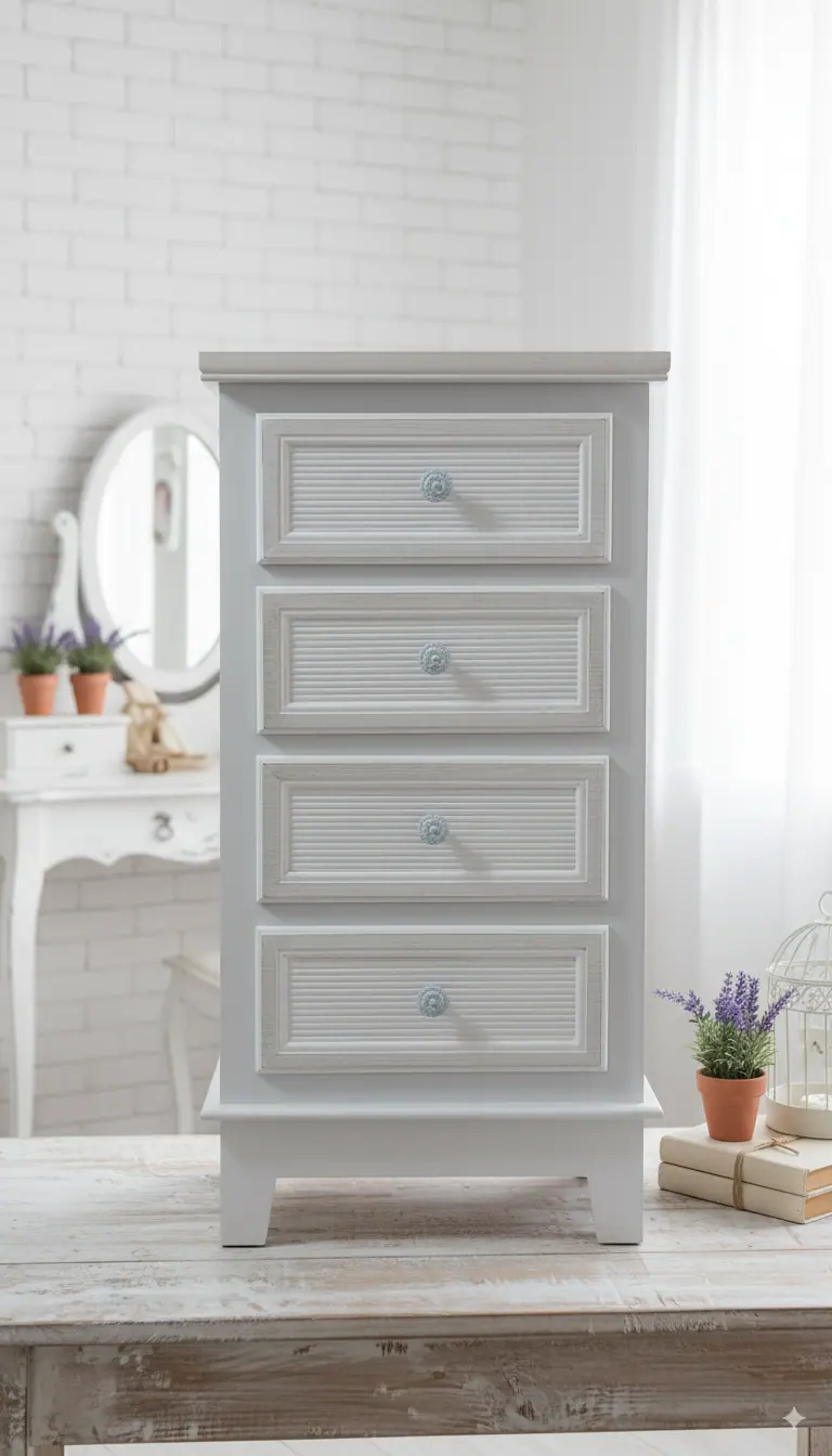 Mobiletto 4 Cassetti Shabby Chic | In MDF, Grigio e Bianco, 40x30x79h cm