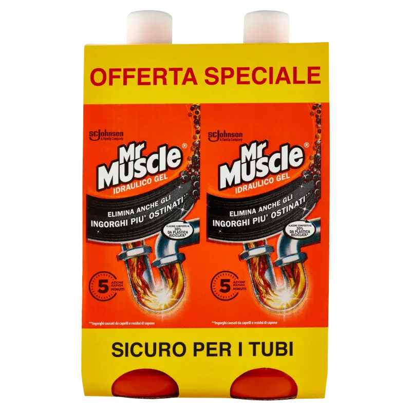 Mr. Muscle Idraulico Gel Disotturante Bipacco 2x1000ml | Azione Rapida 5 Minuti | Scioglie Capelli e Sapone | Sicuro per Tutti i Tubi