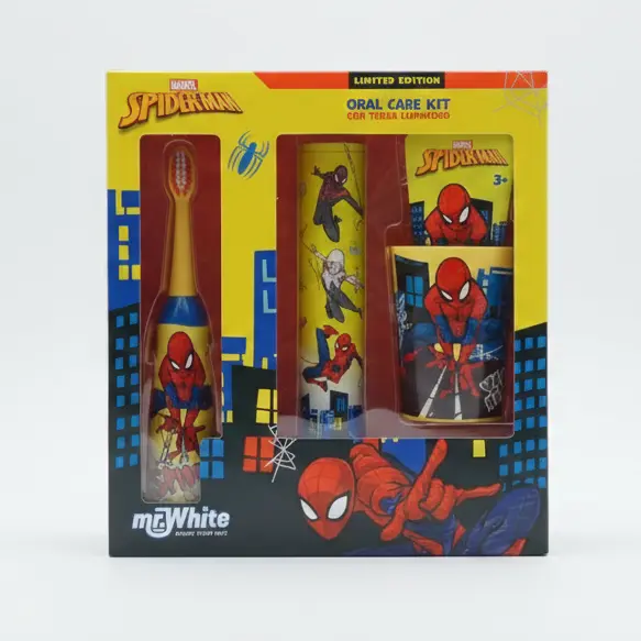 Mr. White Spiderman Kit Igiene Orale Limited Edition | Set 4 Pezzi | Spazzolino + Dentifricio 75ml + Bicchiere + Base con Timer Luminoso 2 Minuti | Regalo Marvel per Bambini 3+