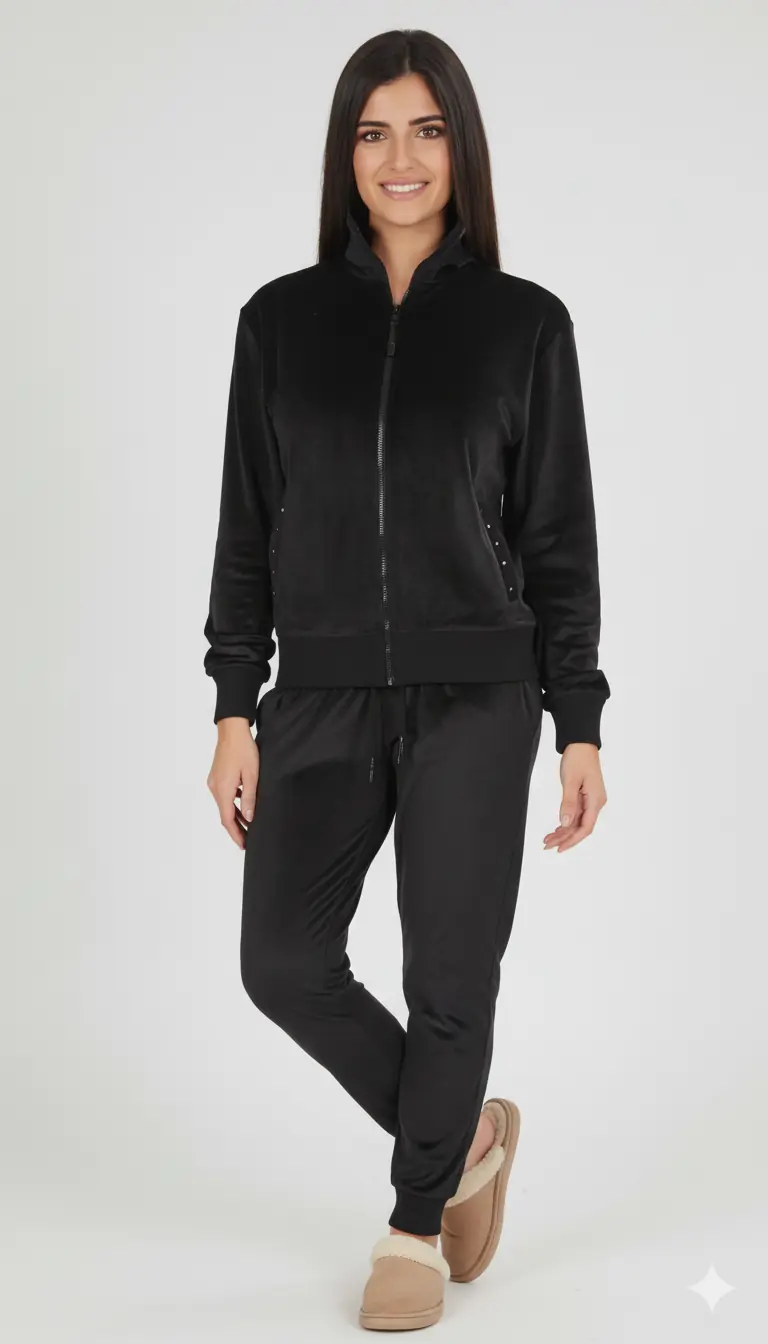 Nazareno Gabrielli Tuta Donna Freetime in Velluto – Caldissima, Zip, Taglie Calibrate (Nero / Grigio Perla)