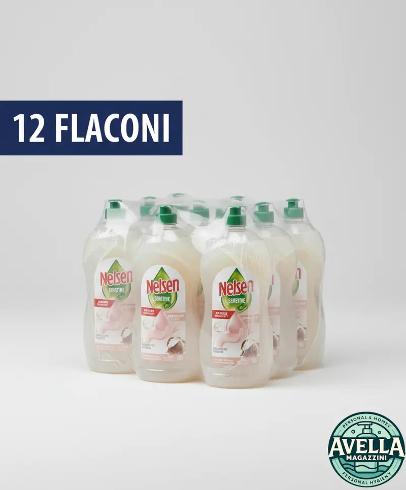 Nelsen Detersivo Piatti Sensitive Burro di Karitè – BOX 12x850ml – pH Neutro per Pelli Sensibili – Extra Sgrassante Made in Italy