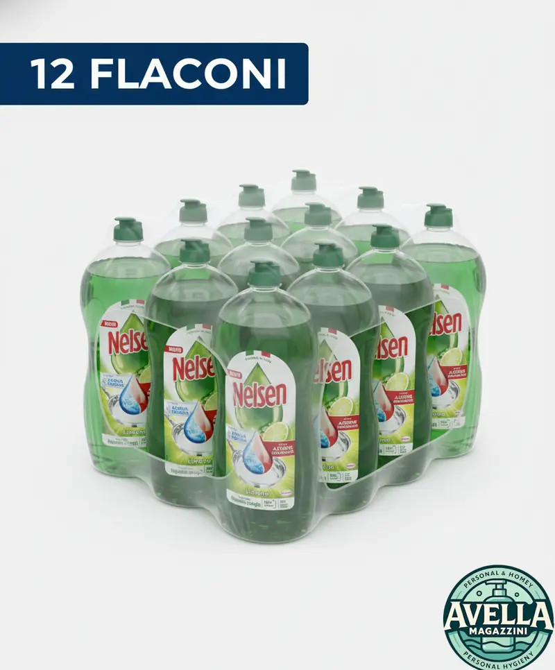Nelsen | Extra Sgrassante Potenziato Detersivo Piatti Liquido al Limone – Scorta Strategica BOX 12 Bottiglie ad Alta Efficienza in Acqua Fredda (850ml)