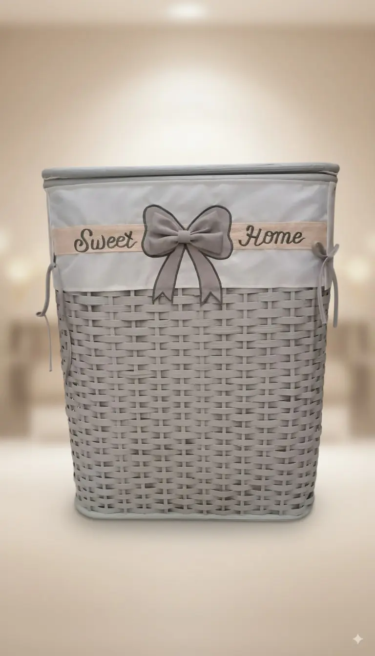 New Arcobaleno Cesto Portabiancheria "Sweet Home" in Vimini Intrecciato | Fodera in Tessuto Removibile | Design Shabby Chic Grigio e Tortora | Dimensioni 35x46x60cm