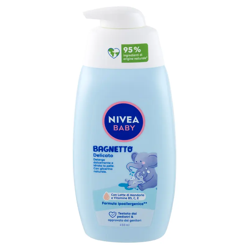Nivea Baby Bagnetto Delicato - 450ml - Con Glicerina, Latte di Mandorla & Vitamine - Ipoallergenico - Vegano & Biodegradabile