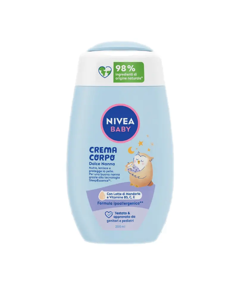 Nivea Baby Crema Corpo Dolce Nanna 200ml | Idratazione 24h con Tecnologia Sleep Essence™ | 98% Ingredienti Naturali, Camomilla e Lavanda | Vegana e Ipoallergenica