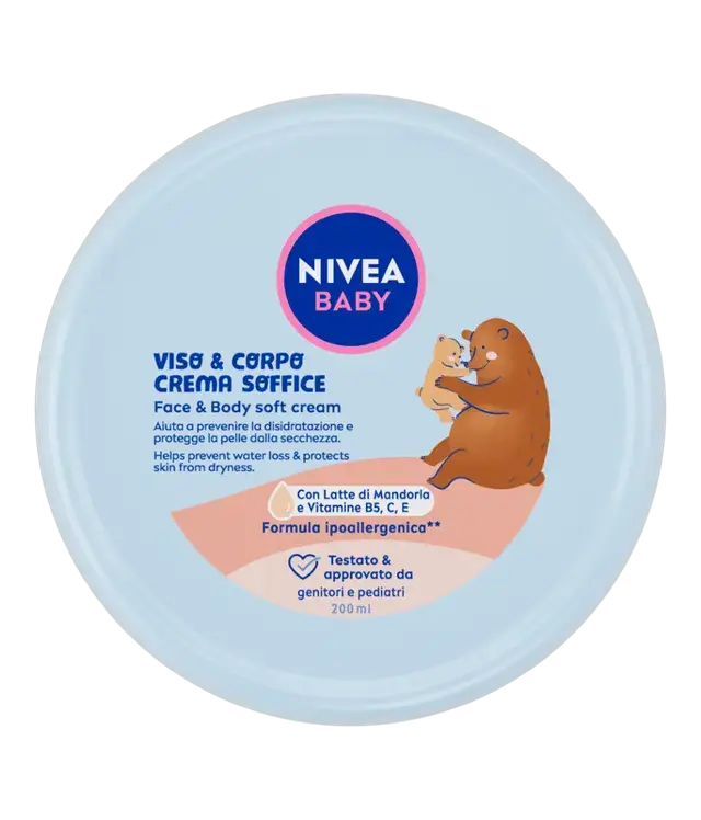 Nivea Baby Crema Soffice Viso & Corpo 200ml | Protezione Idratante con Latte di Mandorla Naturale e Vitamine B5, C, E | 96% Ingredienti Naturali e Formula Ipoallergenica