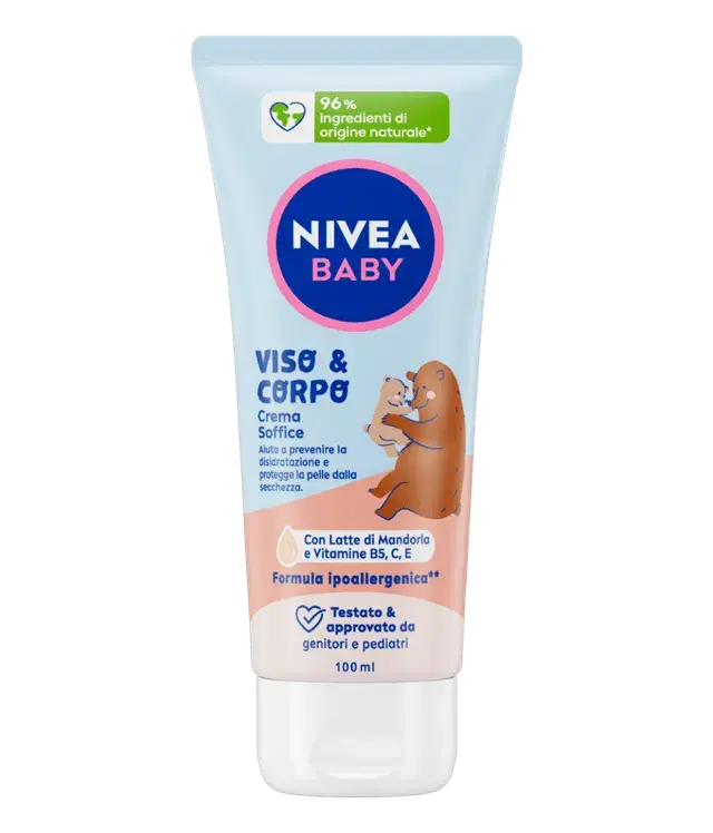 Nivea Baby Crema Viso & Corpo - 100ml - Con Latte di Mandorla & Vitamine B5, C, E - Ipoallergenica - 96% Ingredienti Naturali