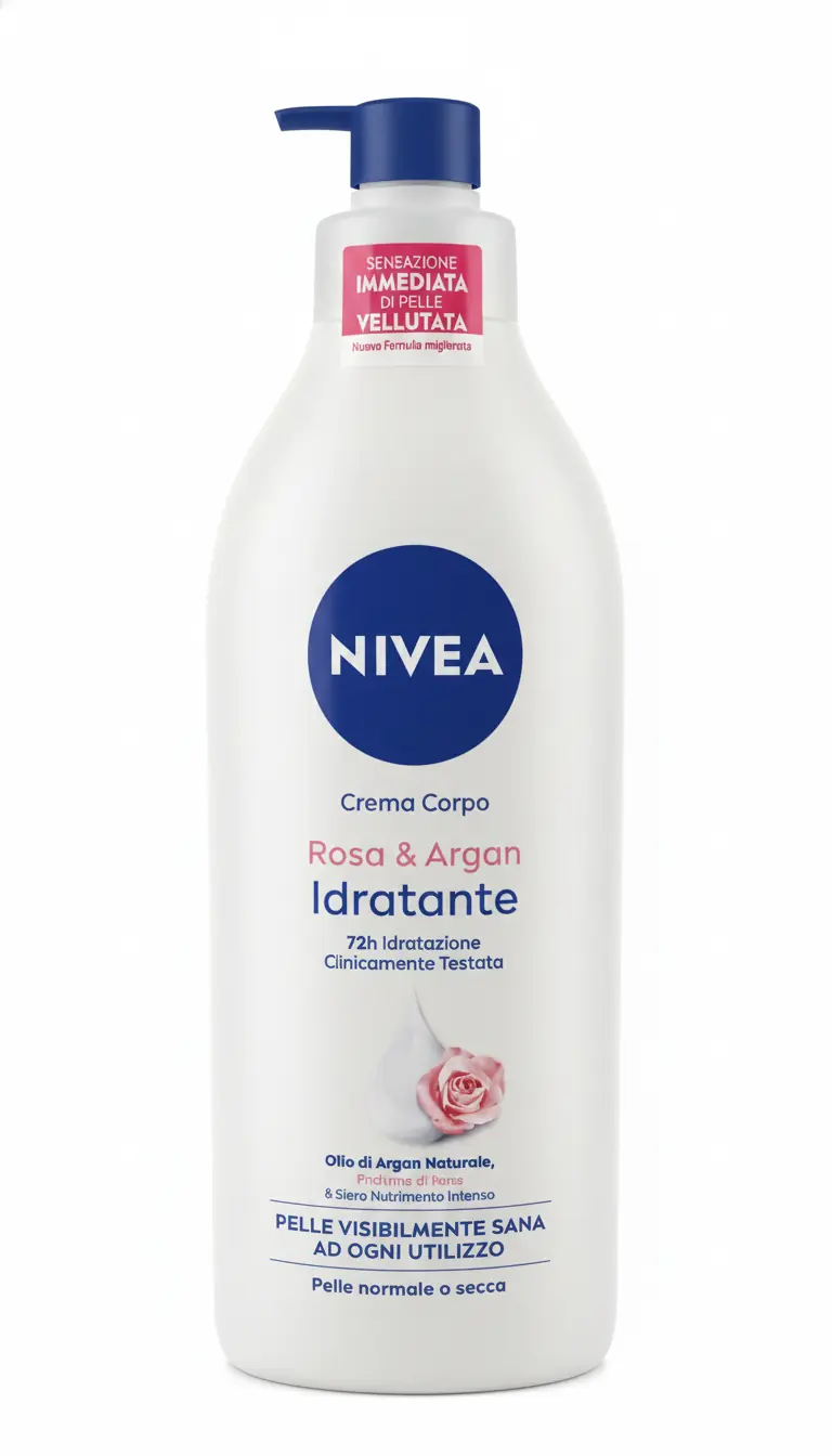 NIVEA Crema Corpo Rosa & Argan Idratante 500ml con Olio di Argan Naturale e Profumo di Rosa – Trattamento Nutriente Antisecchezza 72h ad Assorbimento Rapido