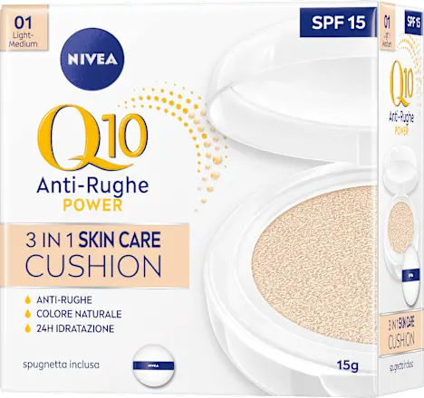 NIVEA Q10 Anti-Rughe POWER 3in1 Skin Care Cushion 15g – Fondotinta Idratante 24h con SPF 15 – Disponibile in Light-Medium e Dark
