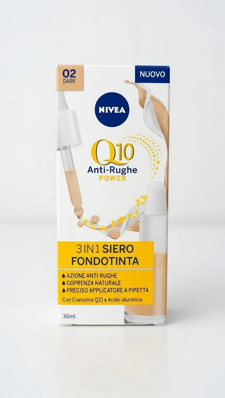 Nivea Q10 Anti-Rughe Power Siero Fondotinta 3in1 02 Dark – Trattamento Anti-Età con Coenzima Q10, Acido Ialuronico e Squalane – Idratazione 12H