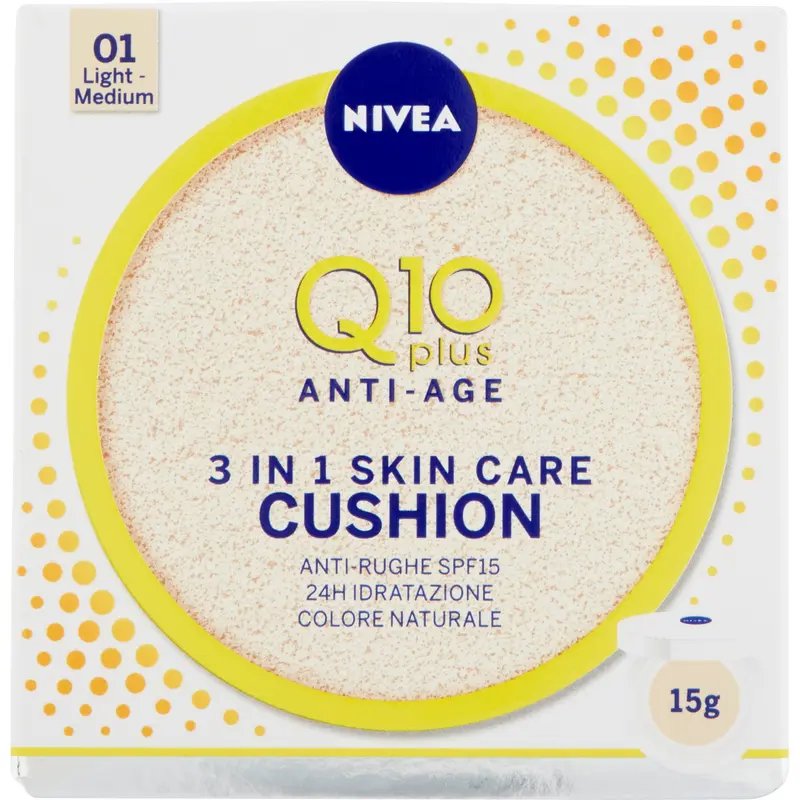 Nivea Q10 Plus Anti-Age 3 in 1 Skin Care Cushion - Fondotinta Idratante SPF15 - Light Medium - Cofanetto 15g - Con Coenzima Q10 - Anti-Rughe, Idratazione 24H, Colorito Naturale