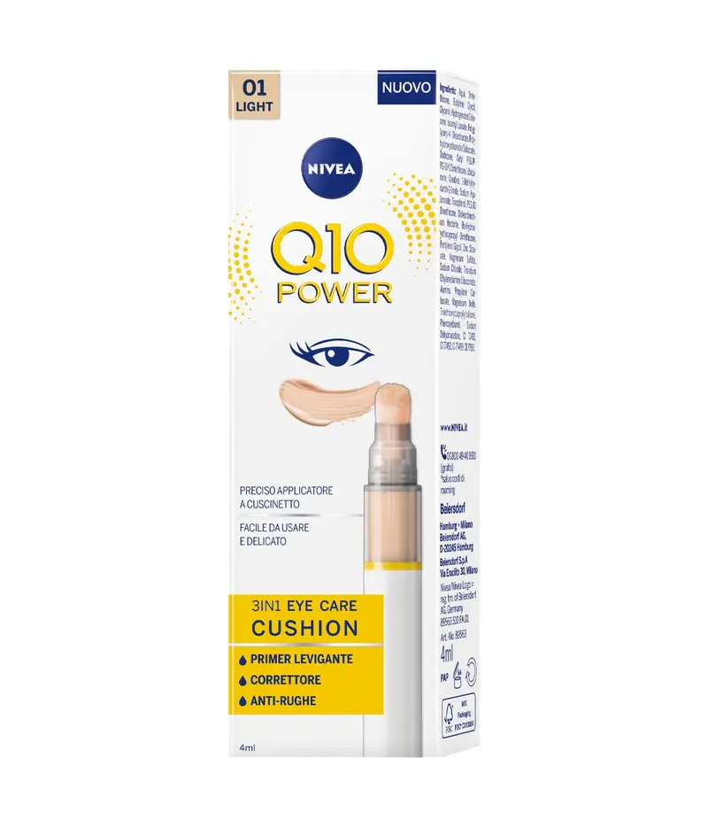 Nivea Q10 Power 3 in 1 Eye Care Cushion Light (4ml) – Correttore, Primer Levigante e Anti-Rughe con Coenzima Q10
