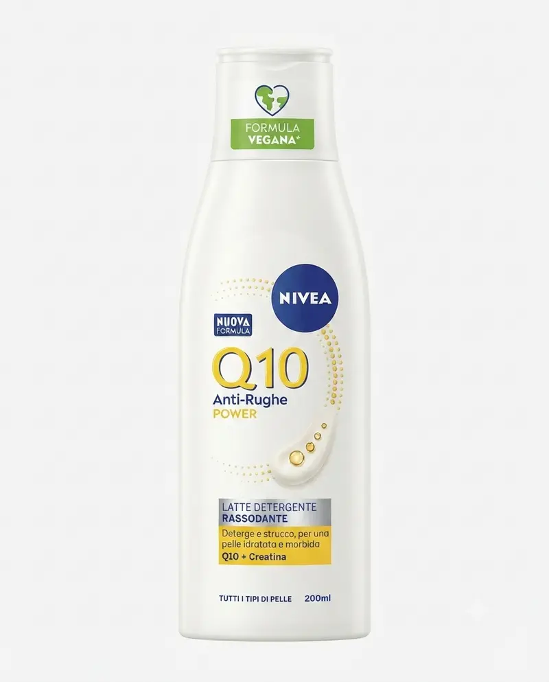 NIVEA Q10 Power Latte Detergente Anti-Rughe 200ml | Con Coenzima Q10 Puro e Creatina | Azione Struccante e Rigenerante | Per Tutti i Tipi di Pelle | 95% Plastica Riciclata