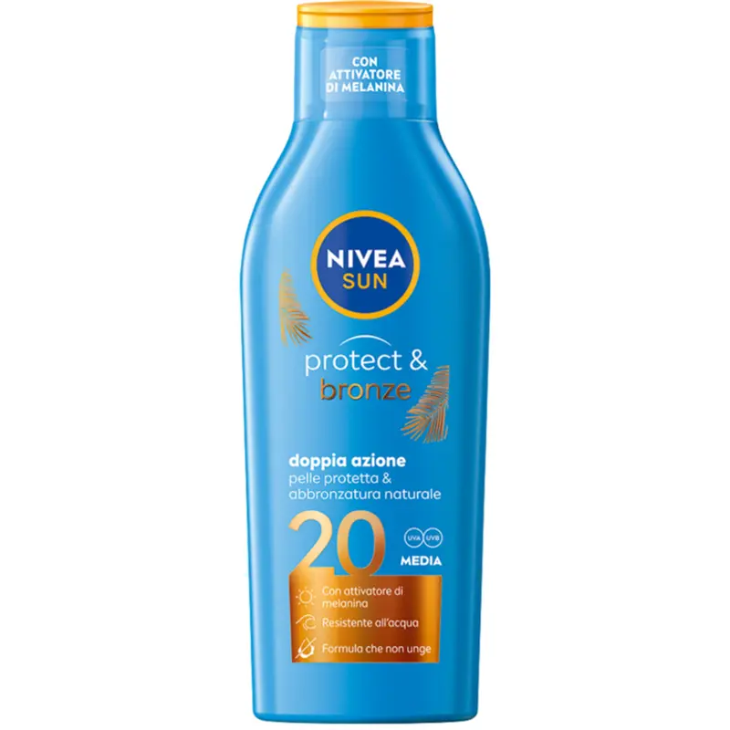 NIVEA SUN Protect & Bronze SPF 20 Latte Solare 200ml | Attivatore di Melanina per un'Abbronzatura Dorata | Protezione Media