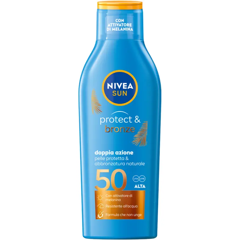 NIVEA SUN Protect & Bronze SPF 50 Latte Solare 200ml | Attivatore di Melanina per un'Abbronzatura Dorata | Protezione Molto Alta