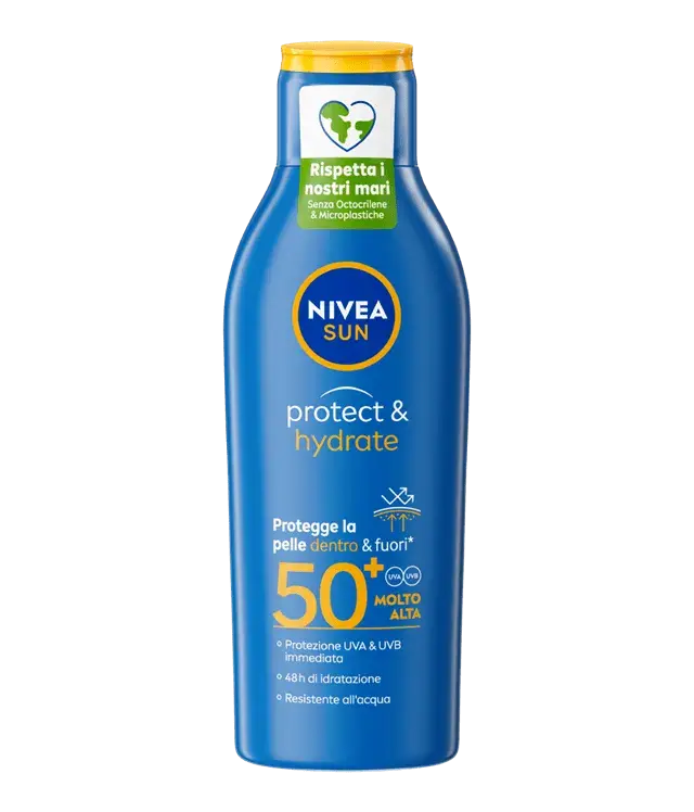 NIVEA SUN Protect & Hydrate SPF 50+ Latte Solare 200ml | Idratazione 48H con Vitamina C e Acido Ialuronico | Protezione Molto Alta