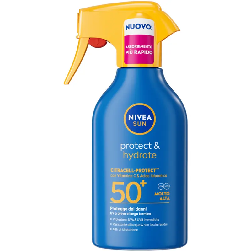 NIVEA SUN Protect & Hydrate SPF 50+ Spray Solare Trigger 270ml | Protezione Molto Alta | Idratazione 48h con Vitamina C e Acido Ialuronico
