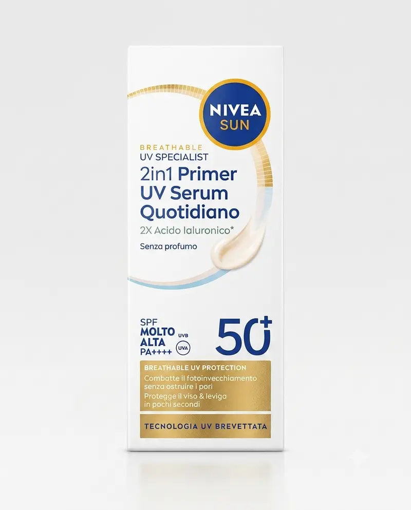 NIVEA SUN Siero Viso 2in1 Breathable UV Specialist SPF50+ 30ml – Primer Viso Invisibile all'Acido Ialuronico IDRO-FLUIDO