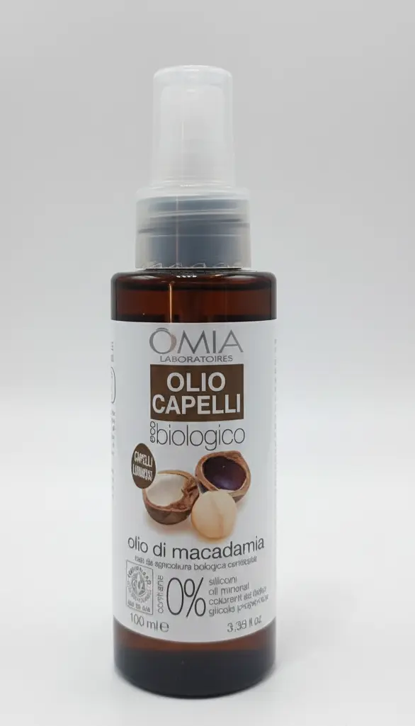 Omia Olio Capelli Eco-Biologico Macadamia 100ml – Cristalli Liquidi Naturali – Trattamento Idratante e Illuminante per Capelli Stressati – Senza Siliconi – Certificato ICEA