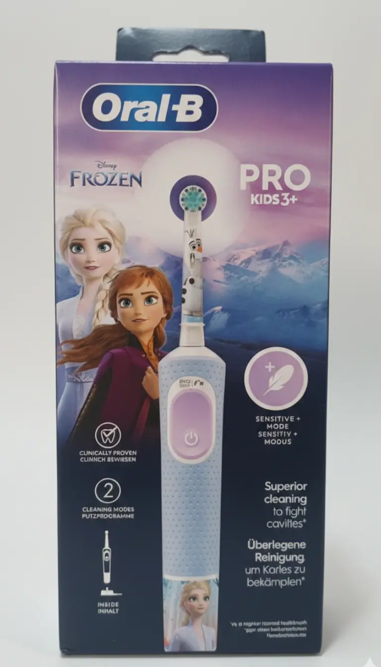 Oral-B Pro Kids 3+ Spazzolino Elettrico Disney Frozen | 2 Modalità di Pulizia (Super Delicata) | Timer Professionale 4 Zone | 4 Adesivi Inclusi | Protezione Carie Clinicamente Testata