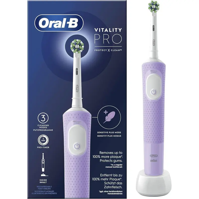 Oral-B Vitality Pro Spazzolino Elettrico Lilla | 3 Modalità (Sensitive Plus) | Rimuove fino al 100% Placca | Timer Professionale