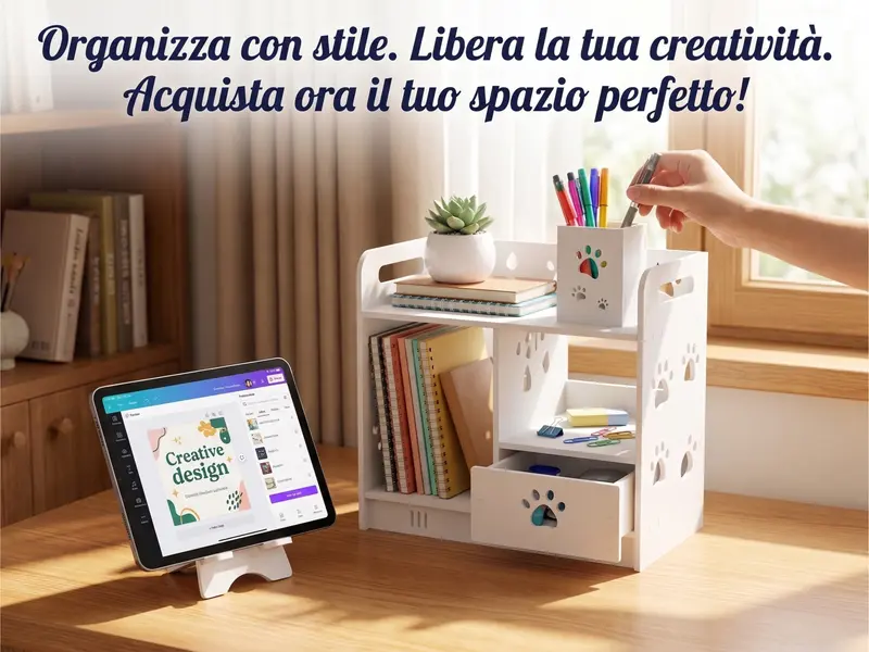Organizer da Scrivania con Cassetto e 2 Accessori Modulari - Design "Zampe", Bianco
