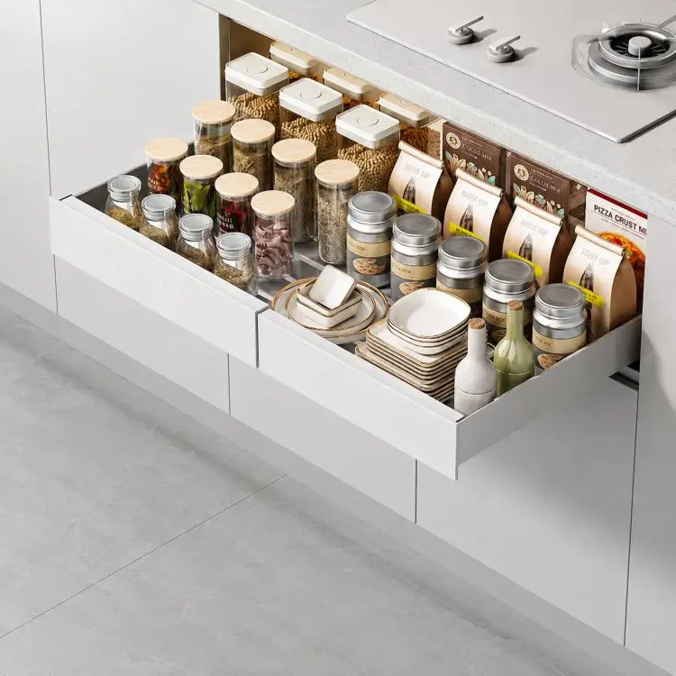 Organizer estraibile espandibile per armadietti da cucina, con cassetto a scorrimento adesivo per sottolavello., White Large, White Small, Black Large, Black Small, Gray Large, Gray Small