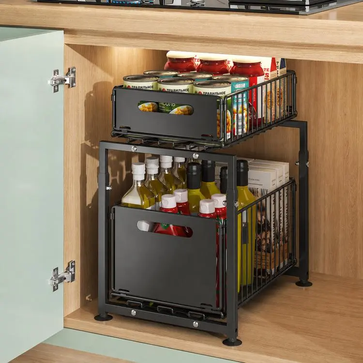 Organizzatore sottolavello a 2 livelli, regolabile in altezza, con cassetto estraibile.