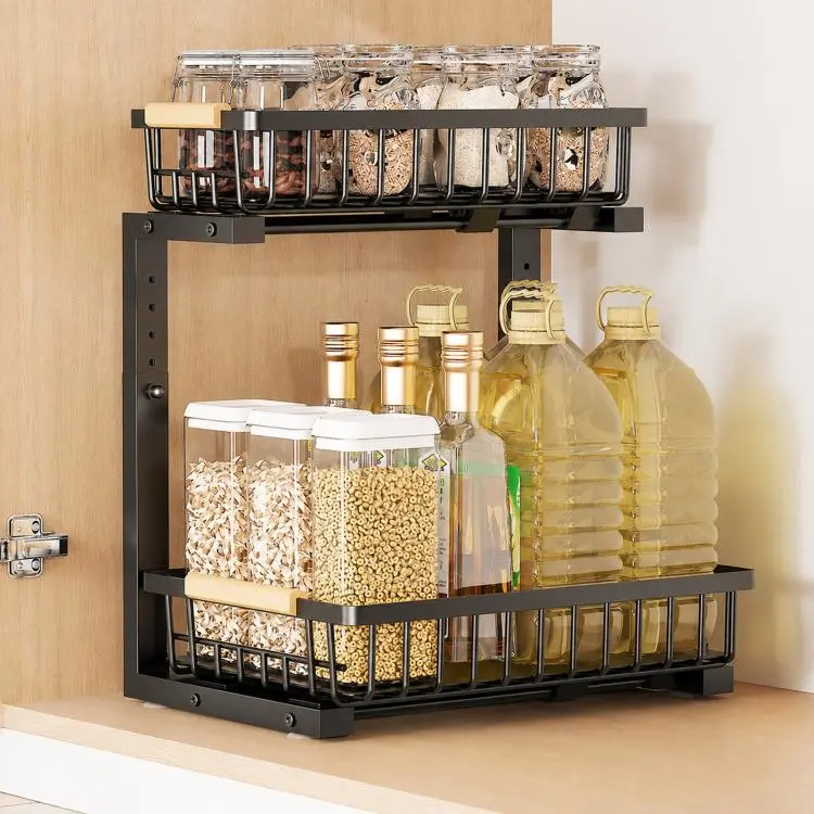 Organizzatore sottolavello regolabile in altezza con mobiletto scorrevole e cassetto portaoggetti.