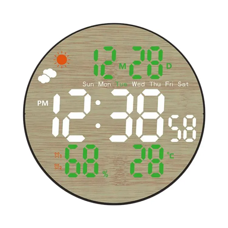 Orologio da parete multifunzione DS-5853L, con display LED rotondo a motivo bambù, visualizzazione meteo e orologio elettronico.