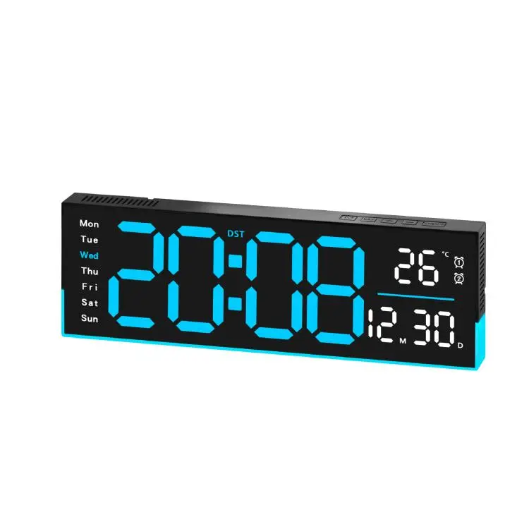 Orologio da scrivania a LED da 12,6 pollici, grande orologio digitale da parete con luce ambientale RGB, temperatura, data, giorno della settimana, ora legale e timer.