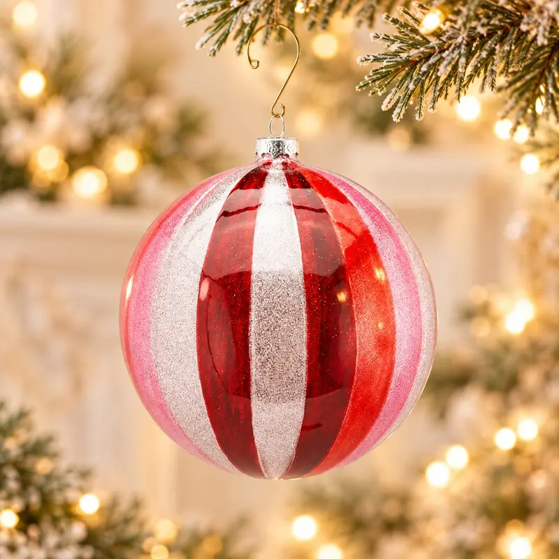 Palla di Natale Carosello in Vetro con Strisce Rosse e Bianche Glitter - EDG Enzo De Gasperi, Ø8cm
