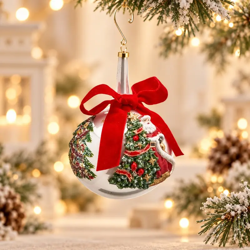 Palla di Natale Collo Lungo in Vetro con Babbo Natale e Fiocco Rosso - EDG Enzo De Gasperi, Ø12cm
