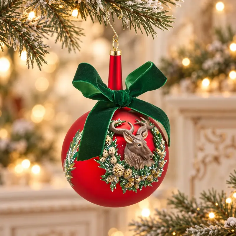 Palla di Natale Collo Lungo in Vetro con Renna e Fiocco Verde - EDG Enzo De Gasperi, Ø12cm