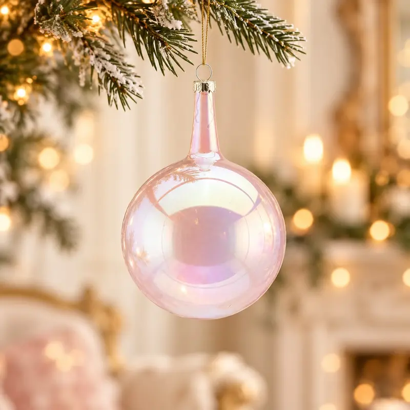 Palla di Natale Collo Lungo in Vetro Soffiato Rosa Opalescente, Ø9cm