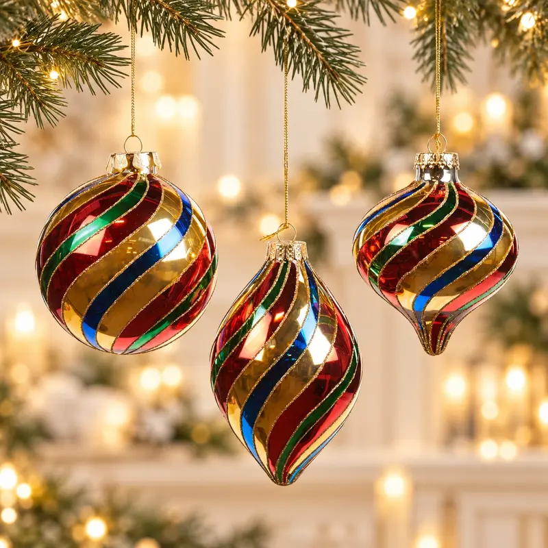 Palla di Natale in Vetro Dorato con Motivo Swirl Multicolor – Goodwill, Ø 10cm