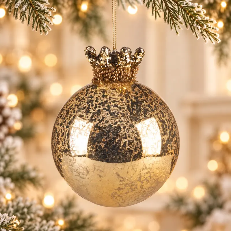 Palla di Natale in Vetro Dorato Glitterato con Corona – Goodwill, Ø 13cm
