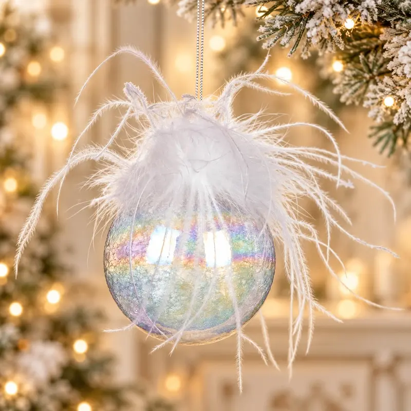 Palla di Natale in Vetro Iridescente con Piume Bianche – Goodwill, 8cm