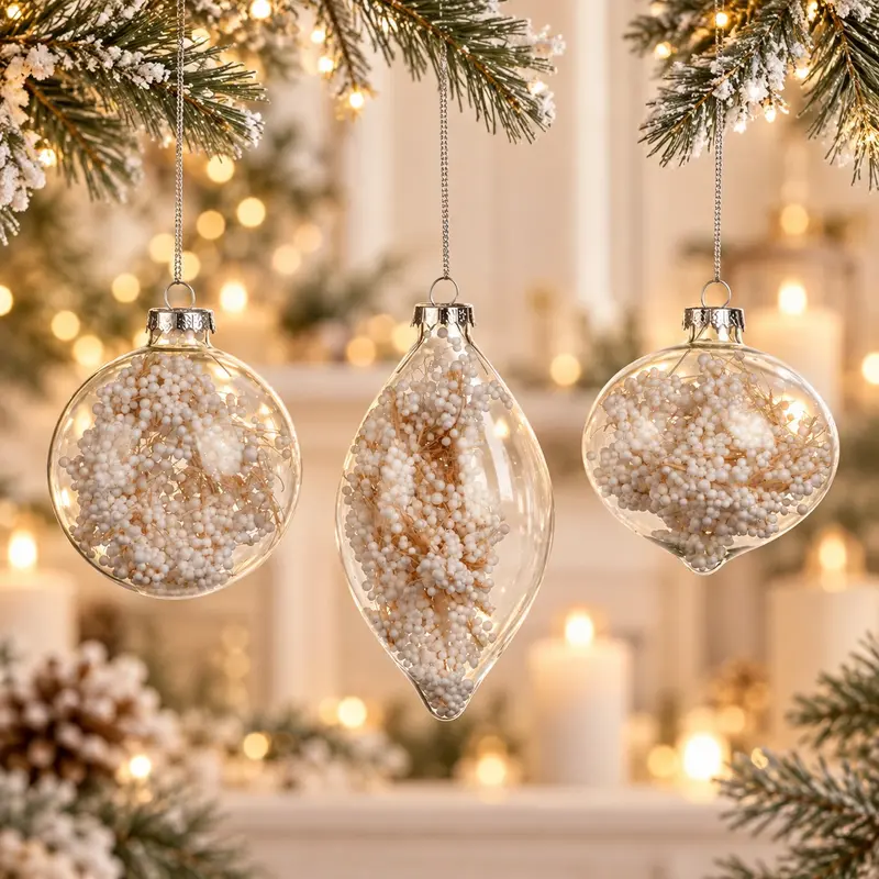 Pallina di Natale in Vetro Trasparente con Rametti e Bacche Bianche – Goodwill, 8cm