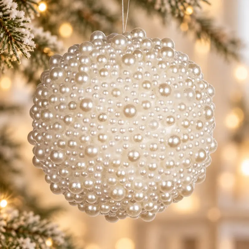 Pallina di Natale Rivestita di Perle Bianche e Crema – Goodwill, 9cm