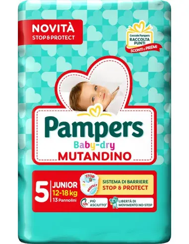 Pampers Baby-Dry Mutandino Junior Taglia 5 (12-18 kg) – Pannolino a Mutandina con Tecnologia Stop & Protect – 13 Pezzi – Protezione 12 Ore No-Stop