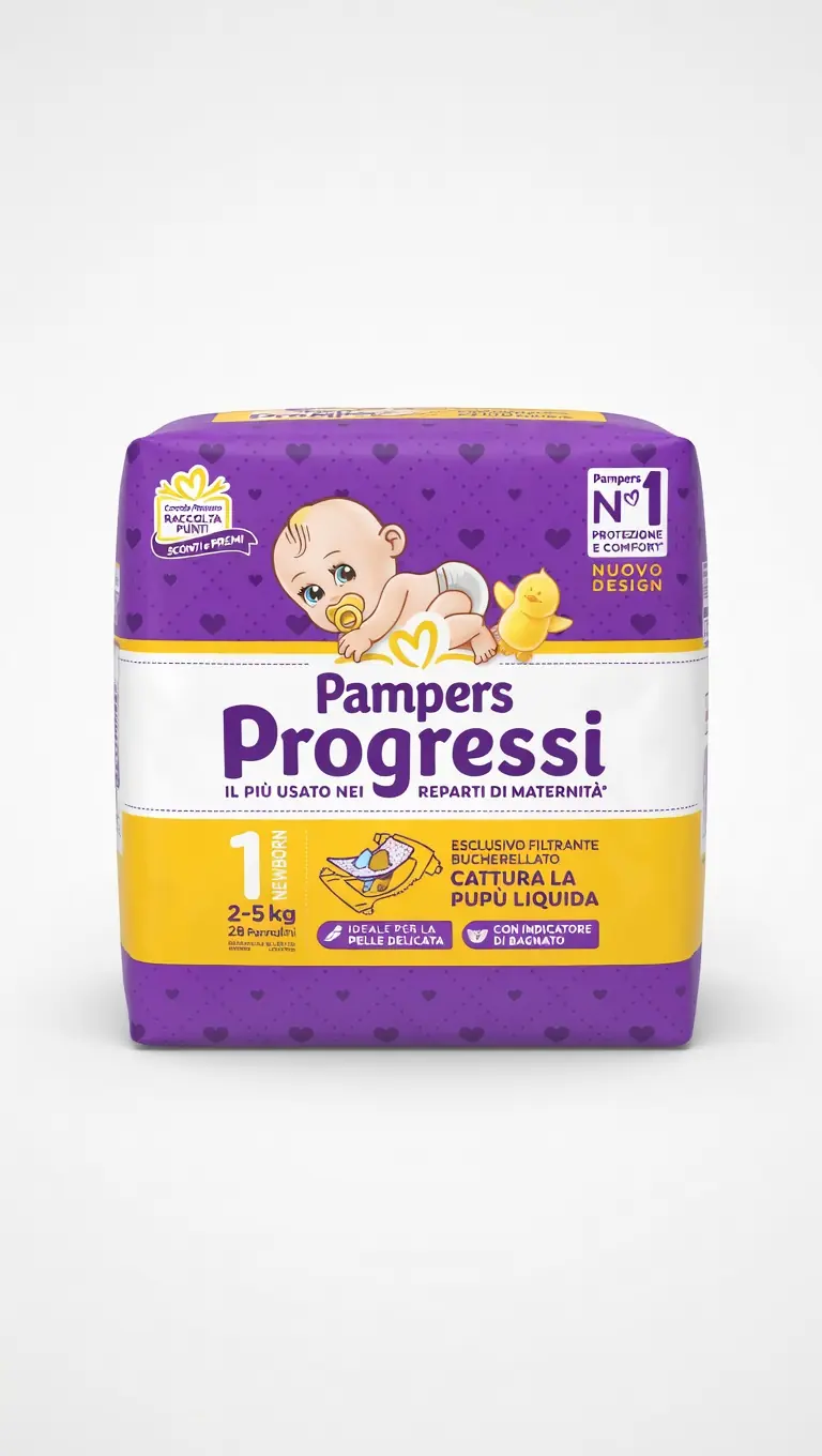 Pampers Progressi Newborn Taglia 1 (2-5 kg) | 28 Pannolini con Filtrante a Bucherelli e Indicatore di Bagnato | Protezione Premium Neonati